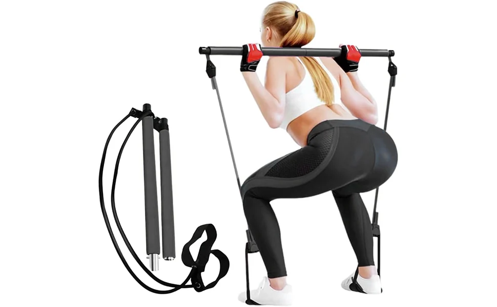 woman demonstrating a portable Pilates bar with resistance bands during a squat